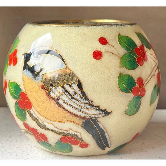 William Bill Yee Cloisonné Plique-a-Jour Bird & Berries Vase Candle Holder 4x3 - Picture 4 of 9